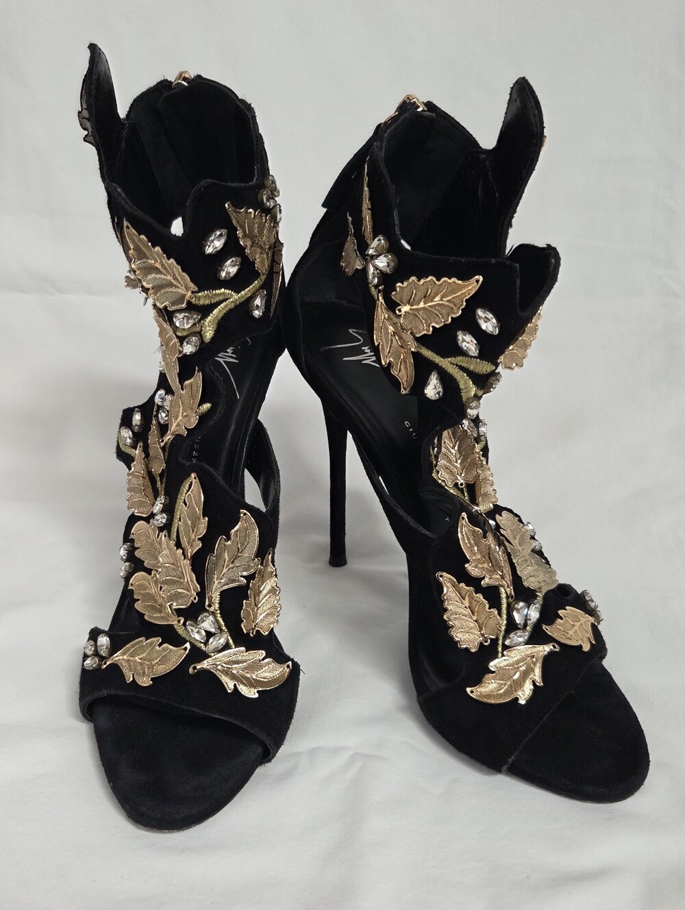 Giuseppe Zanotti Coline Black Suede Gold Leaf Stiletto Heels 39 - Picture 2 of 15